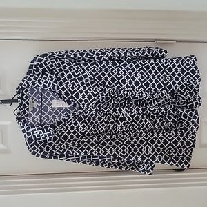 Dressbarn button front dress blouse 3x navy white patterned modernist ruched